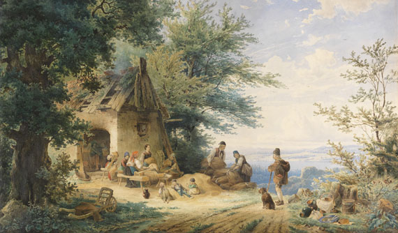 Anton Doll - Sommerliche Landschaft mit Bauern bei der Flachsverarbeitung