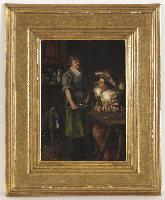 Wilhelm Trübner - Zechender Landsknecht mit Serviermädchen - Frame image