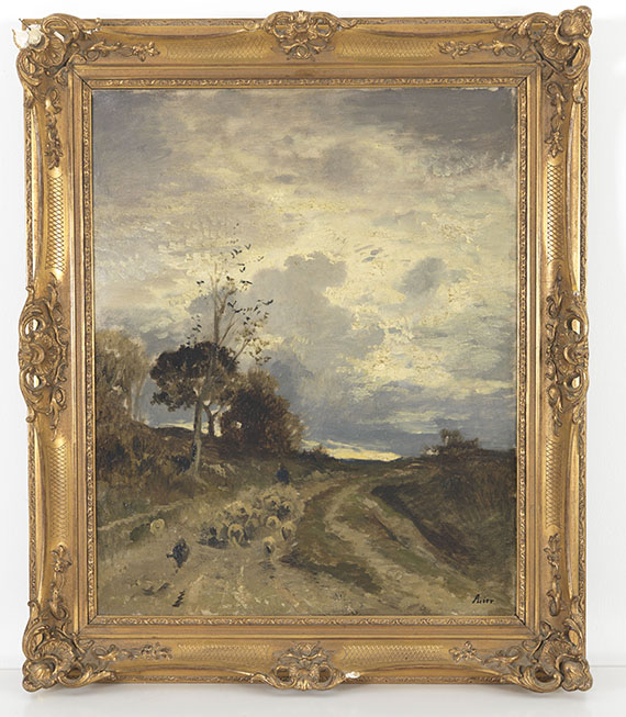 Adolf Heinrich Lier - Herbstlandschaft am Abend mit heimkehrender Schafherde - Frame image