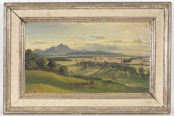 Josef Mayburger - Blick von Salzburg gegen Bayern mit dem Dorf Liefering und dem Hochstaufen - Frame image