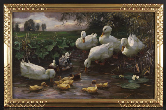 Alexander Koester - Erpel mit Enten und Küken am Seeufer - Frame image