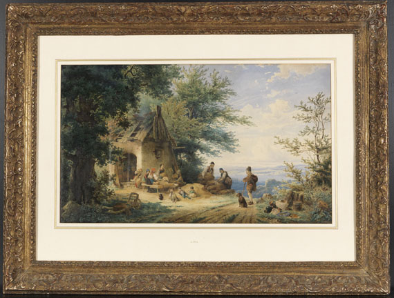 Anton Doll - Sommerliche Landschaft mit Bauern bei der Flachsverarbeitung - Frame image