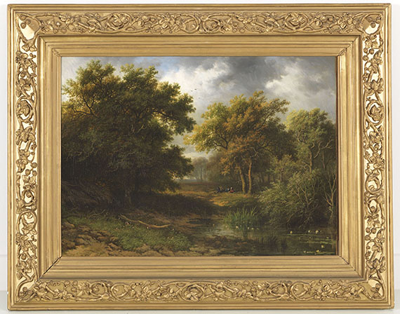 Willem Bodeman - Waldlandschaft mit Weiher und Rastenden - Frame image