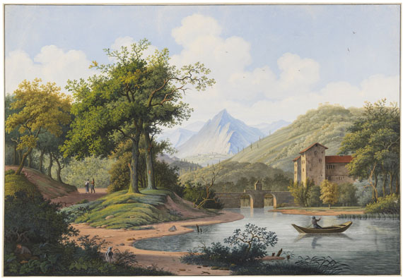 Joseph August Knip - Schloss Saint Maurice mit Brücke über die Rhône, im Schweizer Kanton Wallis