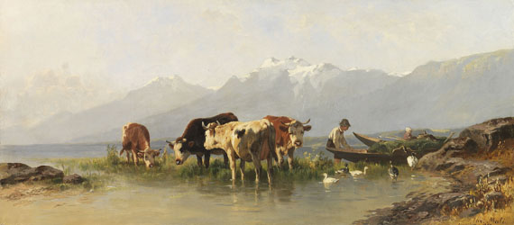 Christian Mali - Bauer und Bäuerin mit Gänsen und Kühen am Achensee