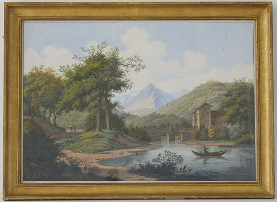 Joseph August Knip - Schloss Saint Maurice mit Brücke über die Rhône, im Schweizer Kanton Wallis - Frame image