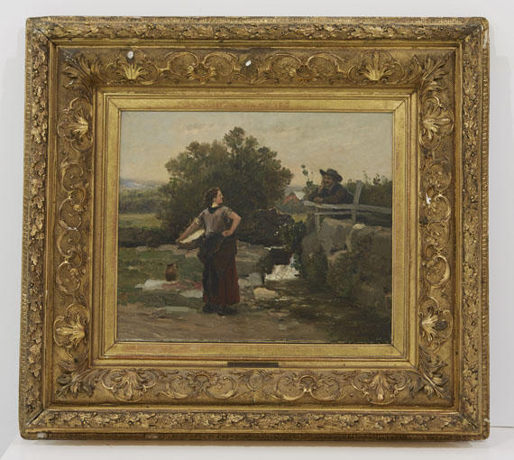 Václav (Wenzel von) Brozík - Wäscherin und Bursche am Bachufer im Gespräch - Frame image