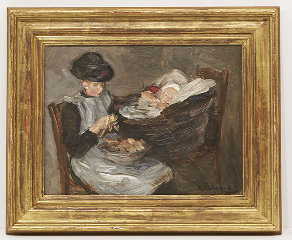Liebermann - Mädchen aus Laren beim Kartoffelschälen neben schlafendem Kind im Korb