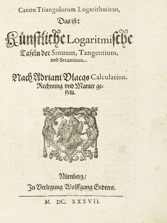 John Napier - Zehentausend Logarithmi. 1637. - Angeb.: Vlacq, Canon triangulorum - 