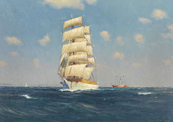 Robert Schmidt-Hamburg - Weißes Segelschiff und rotes Feuerschiff in der Flensburger Förde