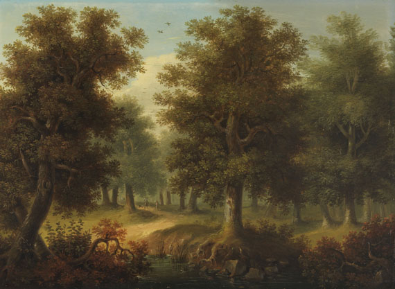  Deutschland - 2 Pendants: Waldlandschaften mit Jägern - 