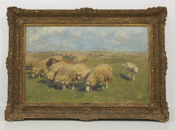 Heinrich von Zügel - Schafherde mit Hütehund auf der Weide - Frame image