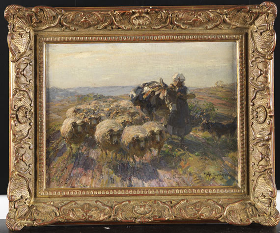Heinrich von Zügel - Schafherde mit Hirtin und Esel auf dem Feld - Frame image
