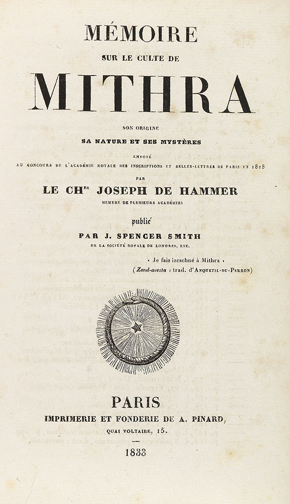 Joseph von Hammer-Purgstall - Mémoire sur le culture de mithra. 1833. 2 Bde.