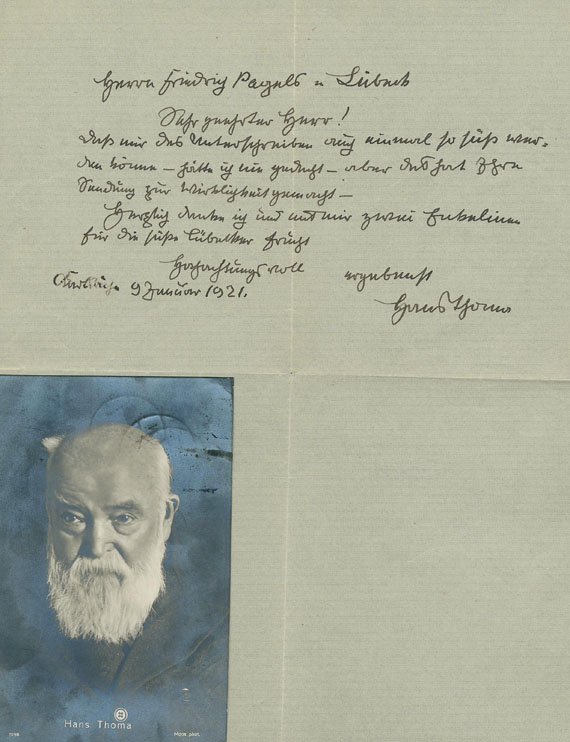 Hans Thoma - 3 eigh. Karten u. 1 eigh. Brief, 1 eigh. Umschlag. Zus 5 Tle.