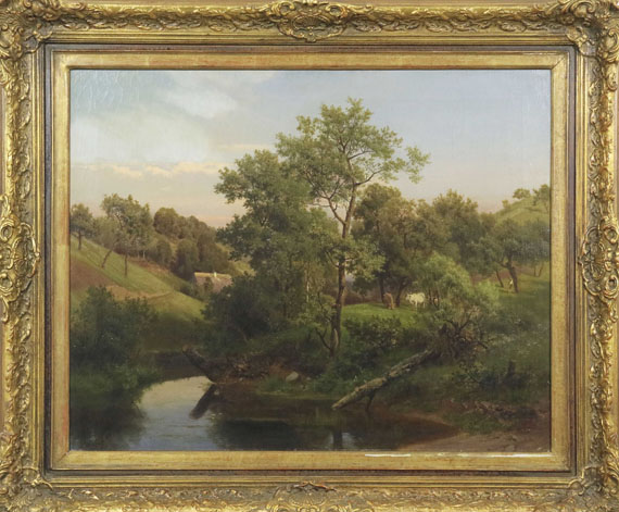 Eduard Leonhardi - Flussaue mit Bauernhaus und Viehhirte - Frame image