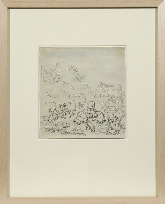 Johann Heinrich Wilhelm Tischbein - Hügellandschaft mit lagernder Viehherde und Bauernfamilie - Frame image