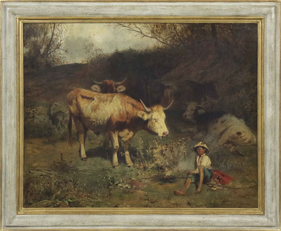 Otto Gebler - Rast des Hirtenjungen mit seinen Tieren - Frame image