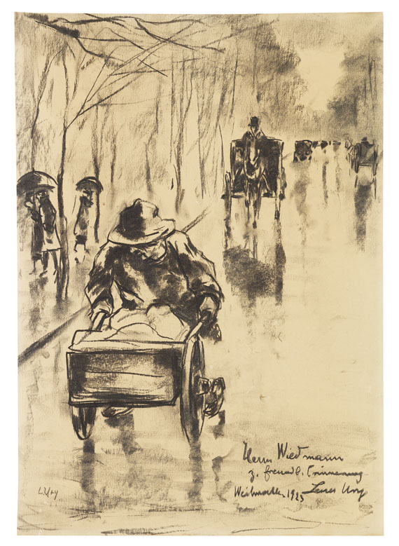 Lesser Ury - Mann mit Handkarren (Tiergartenstraße im Regen)