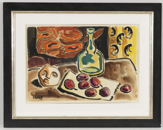 Karl Schmidt-Rottluff - Stillleben mit grüner Flasche, Steinkopf und Pflaumen - Frame image