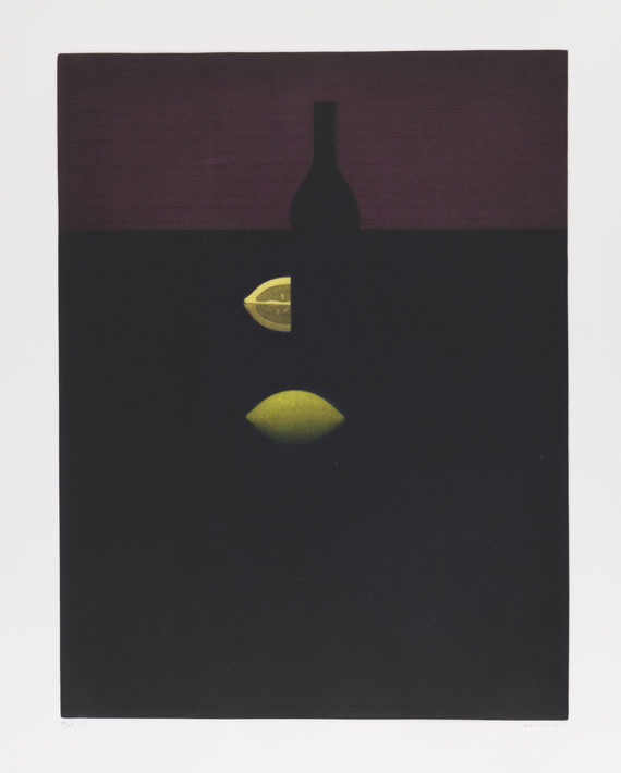 Yozo Hamaguchi - Bottle with Lemons and Red Wall