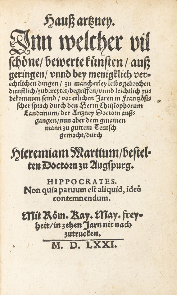 Philippus Theophrastus Paracelsus - Wunder-Arzney. Vorgebunden: Kunstbuch 1571. - 
