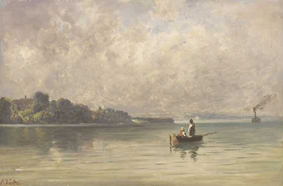 Friedrich Voltz - Chiemsee mit Fischerboot und Dampfer