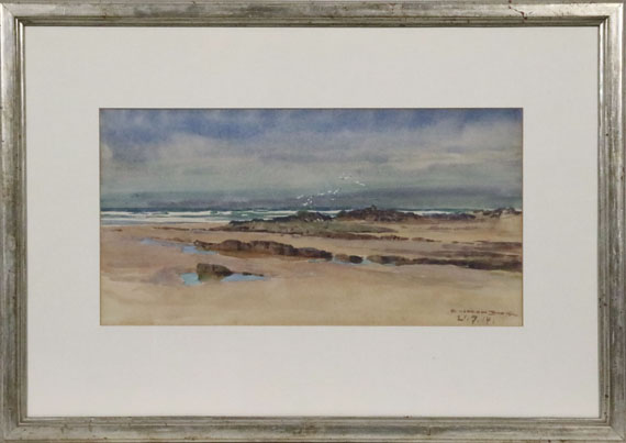 Edward Harrison Compton - 2 Bll.: Bei Bude (Cornwall): Die Küste mit der Mündung des River Neet. Felsiger Strand mit Möwen - Frame image
