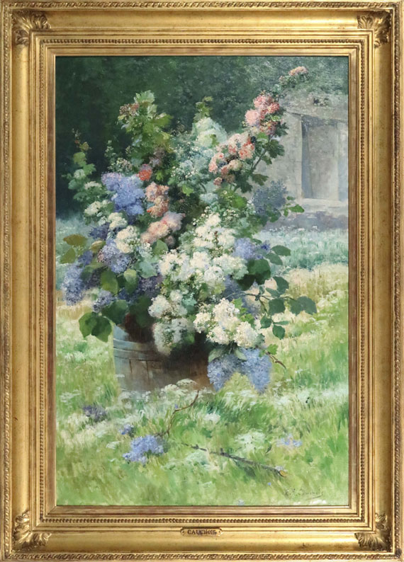 Eugène Henri Cauchois - Fliederzweige und Stockrosen - Frame image