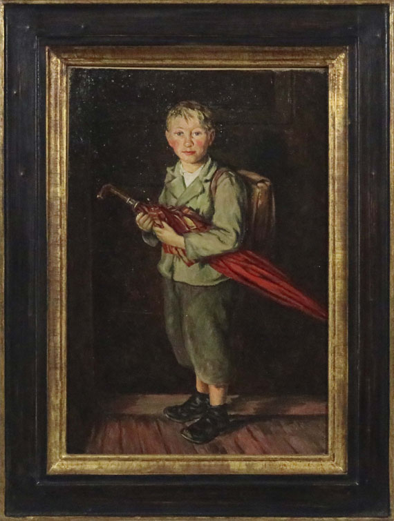 Franz von Defregger - Bauernbub mit Schirm und Ranzen - Frame image