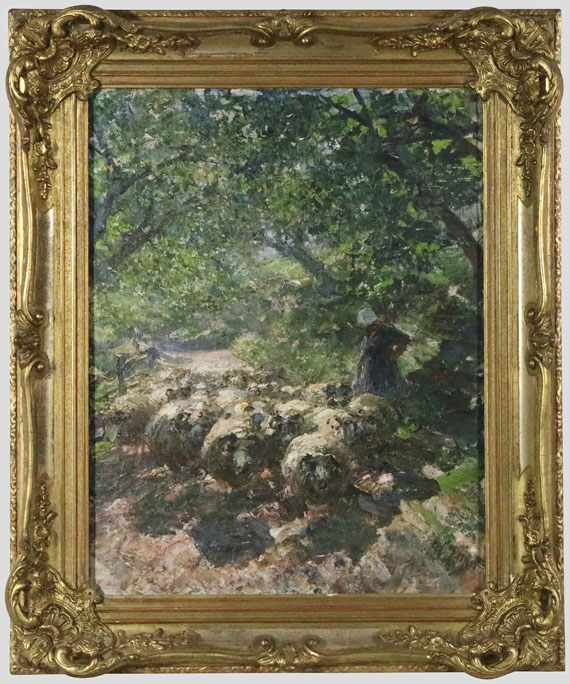 Heinrich von Zügel - Schafherde mit Hirtin im schattigen Hohlweg - Frame image