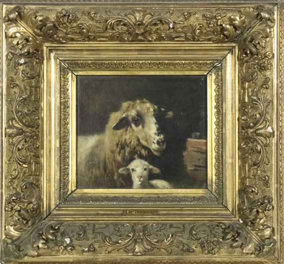 Otto Gebler - Mutterschaf mit Lamm im Stall - Frame image