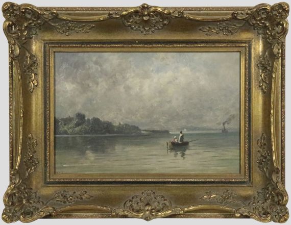 Friedrich Voltz - Chiemsee mit Fischerboot und Dampfer - Frame image