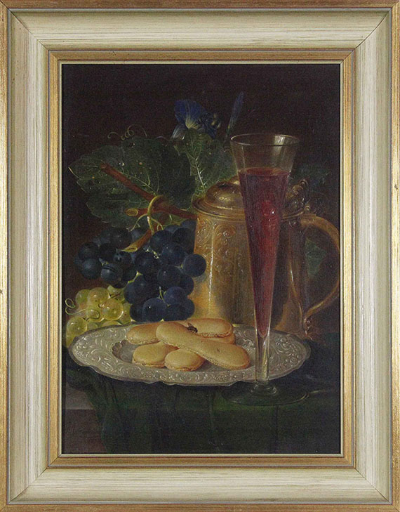 Theodor Mattenheimer - Stillleben mit prunkvollem Bierhumpen, feinem Glas, Gebäck und Weintrauben - Frame image