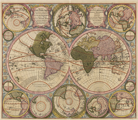 Weltkarte - 2 Bll. Hemisphaerium orbis antiqui (Cellarius) und Diversi Globi Terr-Aquei (Seutter).