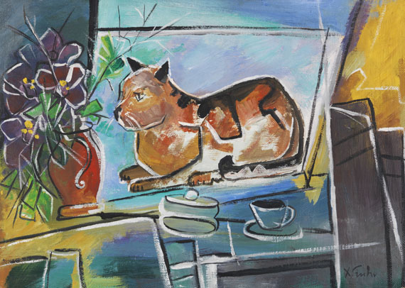 Franz Xaver Fuhr - Katze am Fenster mit Blumenvase