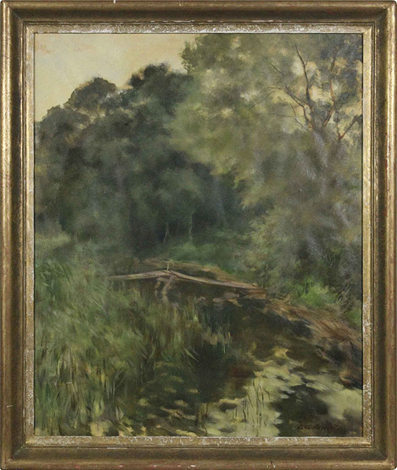 Lotte Laserstein - Baumreiche Landschaft mit Steg am Waldteich - Frame image