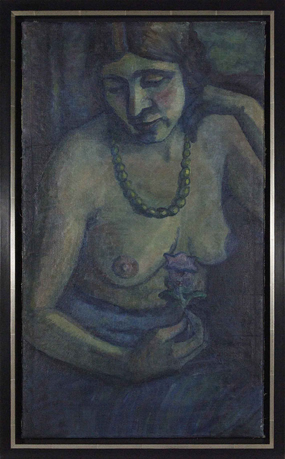 Dorothea Maetzel-Johannsen - Selbstporträt in Blau (Halbakt mit Perlenkette) - Frame image