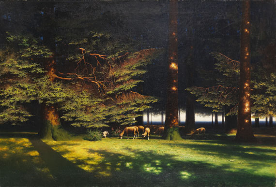 Paul Wilhelm Keller-Reutlingen - Grasende Schafe auf der Waldlichtung