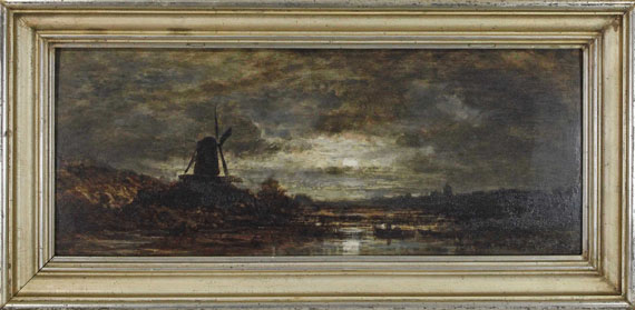 Eduard Schleich d. Ä. - Holländische Flusslandschaft mit Mühle bei Mondschein - Frame image