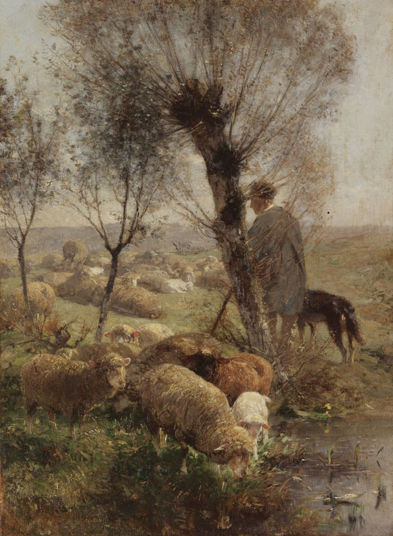 Heinrich von Zügel - Schäfer mit Hund und Herde unter Weidenbäumen am Wasser
