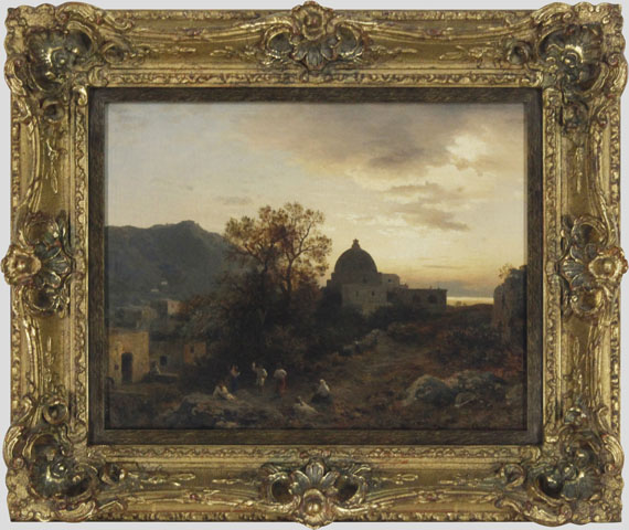 Albert Flamm - Abendstimmung an der italienischen Küste mit tanzenden Figuren - Frame image