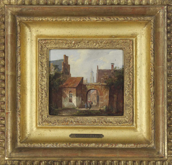 Cornelis Springer - Holländisches Städtchen mit Torbogen - Frame image