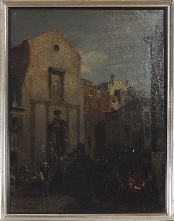 Oswald Achenbach - Italienische Stadtansicht bei einbrechender Nacht - Frame image