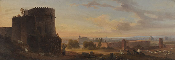 August Wilhelm Julius Ahlborn - Gemäldepaar: Palermo von S. Maria Gesu gesehen, in der Ferne die Küste Siziliens bis zum Cap Zafferano. Grabmal der Cäcilia Metella, Circus des Caracalla, S. Sebastiano, in der Ferne das neue Rom - 