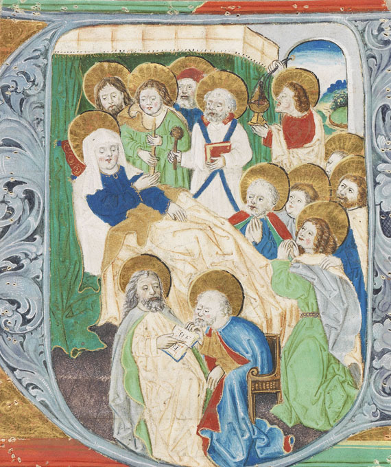 Bildinitiale - Miniatur auf Pergament, ausgeschnitten. Maria und Apostel