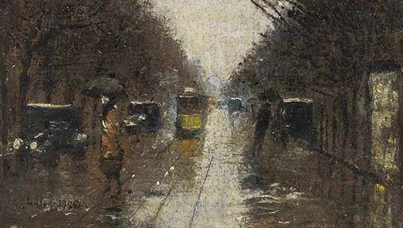 Lesser Ury - Straßenszene bei Regen, Berlin