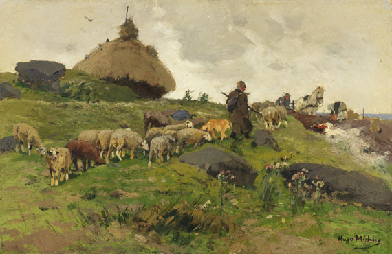 Hugo Mühlig - Schäfer mit Herde auf dem Heimweg