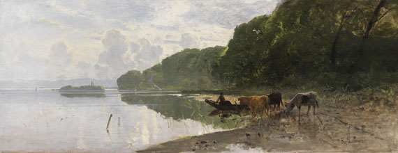 Richard von Poschinger - Uferlandschaft am Starnberger See mit weidenden Kühen