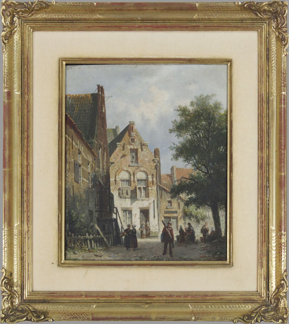 Adrianus Eversen - Belebte Strassenszene in einem holländischen Städtchen [Zonnig straatje] - Frame image